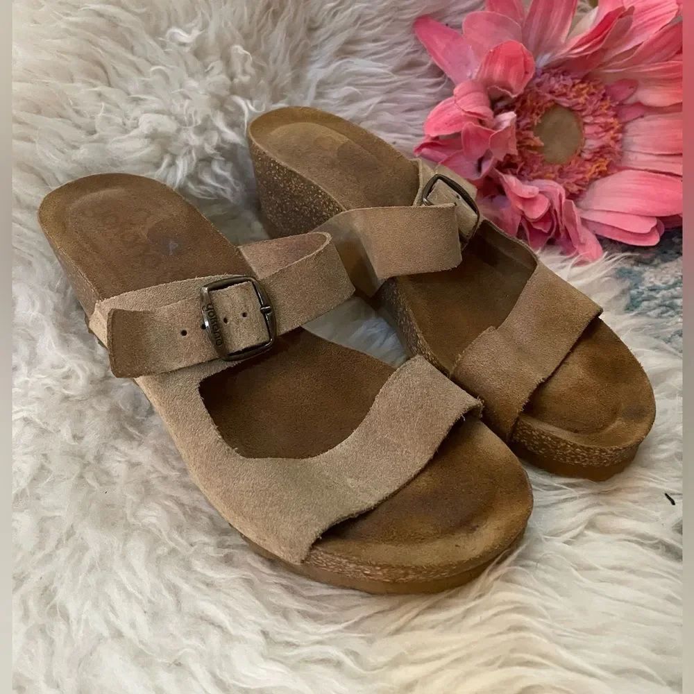 YOKONO Double Strap Tan Suede Leather Slip On Wedge Sandals SIZE 7.5